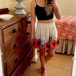 Anthropologie White/Floral Silk Mini Skirt